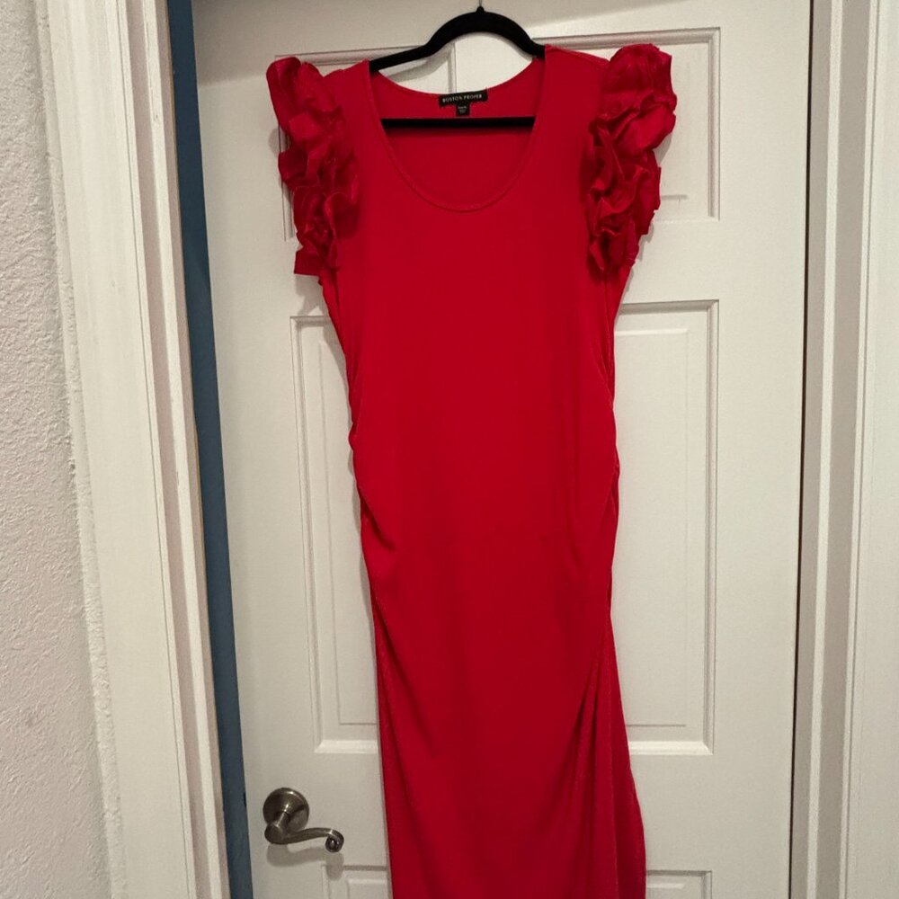 Boston Proper | Ruffle Sleeve | Knit, Ribbed, Ruched, Red Maxi | XL - Picture 4 of 7